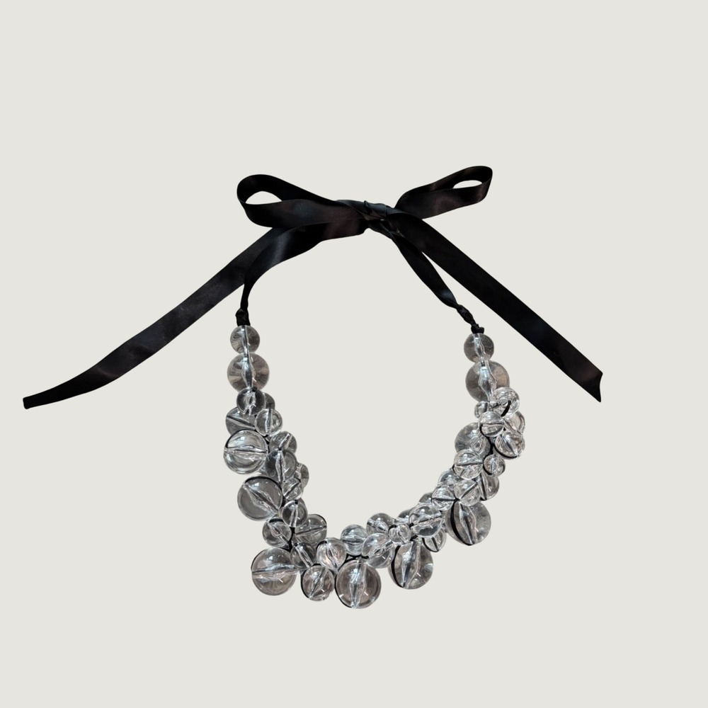 Bubble Bead Necklace OS Adjustable Ribbon Tie Acrylic Clear Black